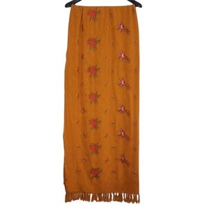 Bohemian Floral Embroidered Scarf in Orange  Fringe